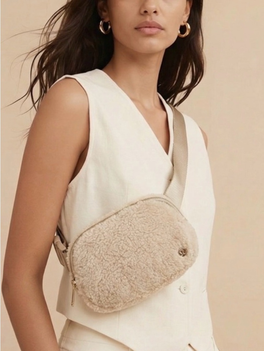 Lululemon Beige Shearling Crossbody Belt Bag - Women